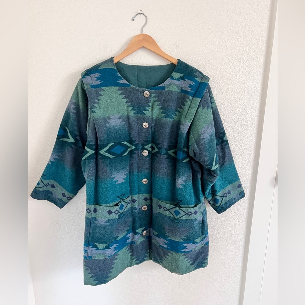 HANDMADE southwestern print blue green quilted coat / size S